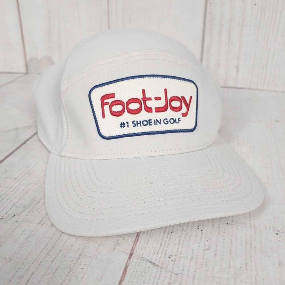 FootJoy White 5-Panel Golf Hat - Snapback Mesh Performance Patch Cap - CLEAN